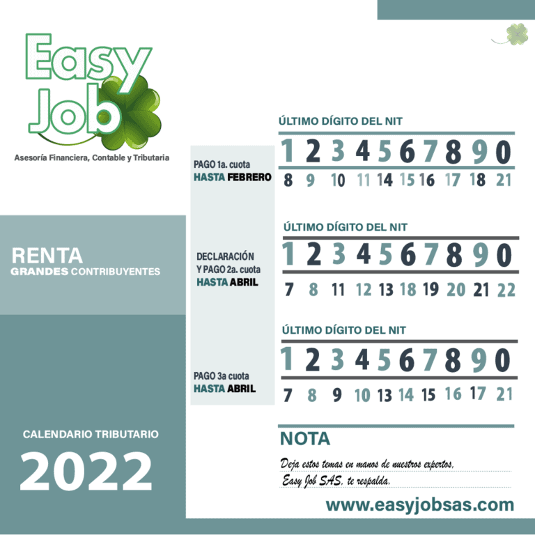 Calendario Tributario 2022 Easy Job SAS, somos expertos en gestión