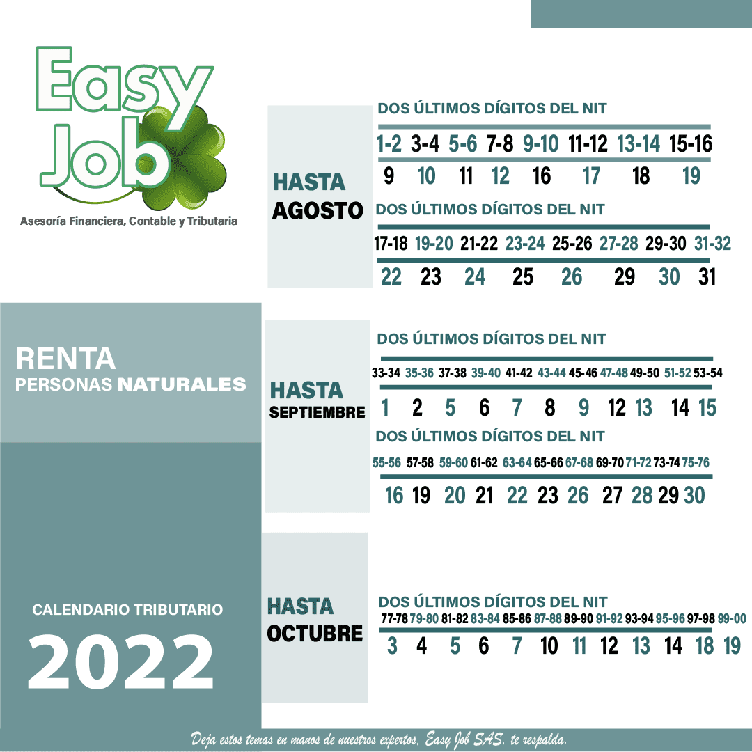 Calendario Tributario 2022 Easy Job SAS, somos expertos en gestión